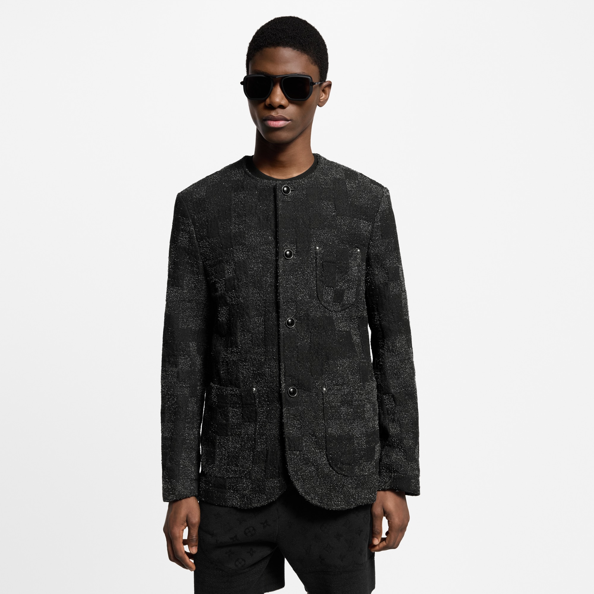 トップス LOUIS VUITTON 19AW Black Shirt Jacket Denim Bouclette Collarless Jacket - Men - Ready-to-Wear